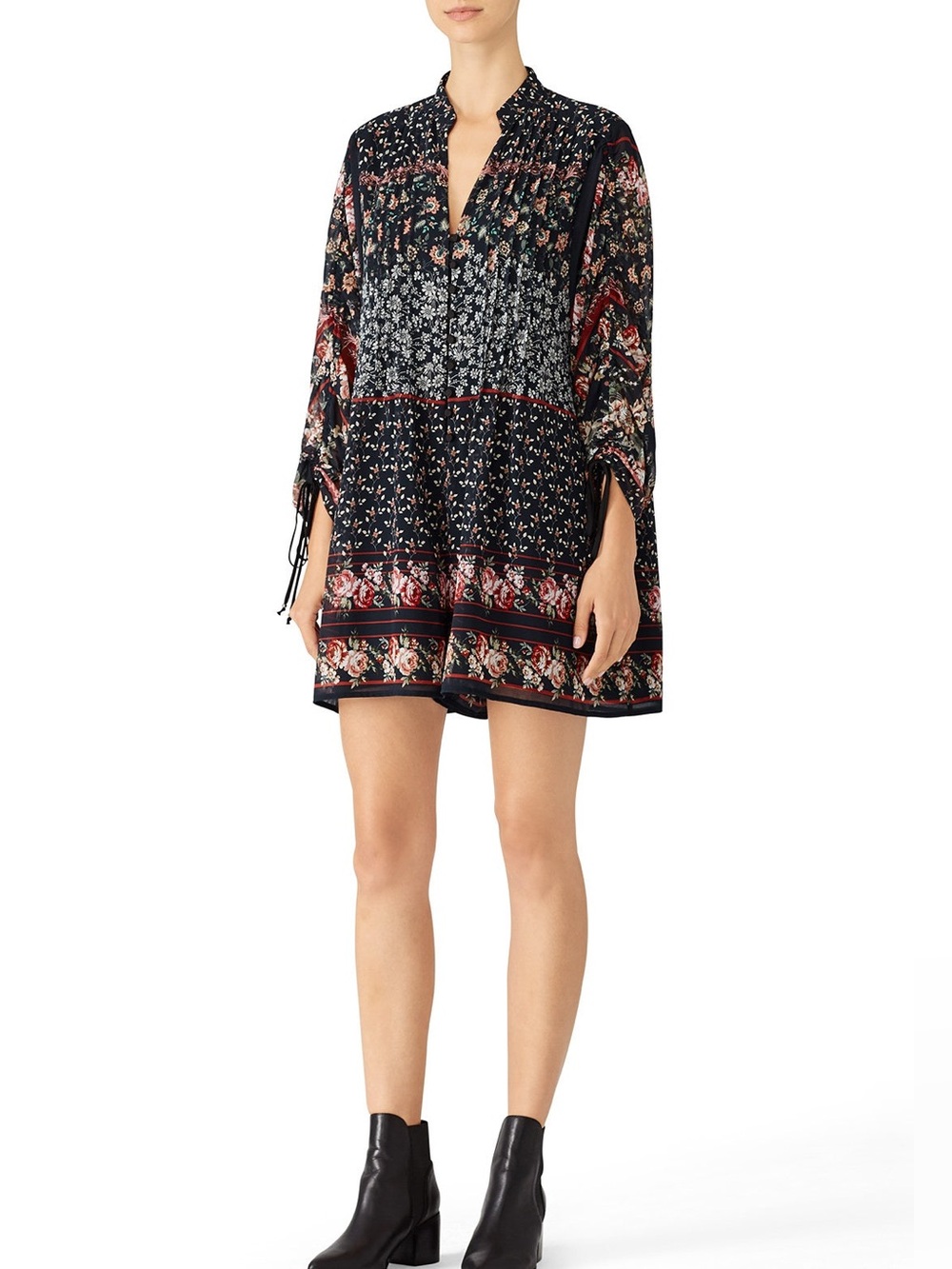 Adelyn Rae Marcella Black Romper with Floral V-Neck with Coral Accents